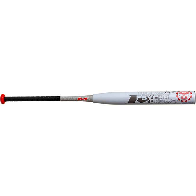 A white MCB20U 2019 Cory Briggs Psycho maxload usssa bat with a grey grip