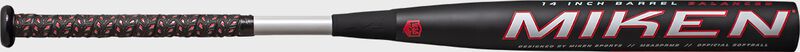 White/red Miken logo on the barrel of a black Freak Primo balanced USA bat - SKU: MSA3PRMB