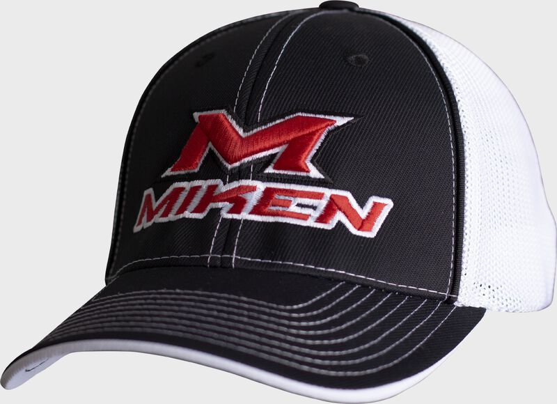 Front angle of a black/white Miken mesh back hat - SKU: MFFHAT-BW