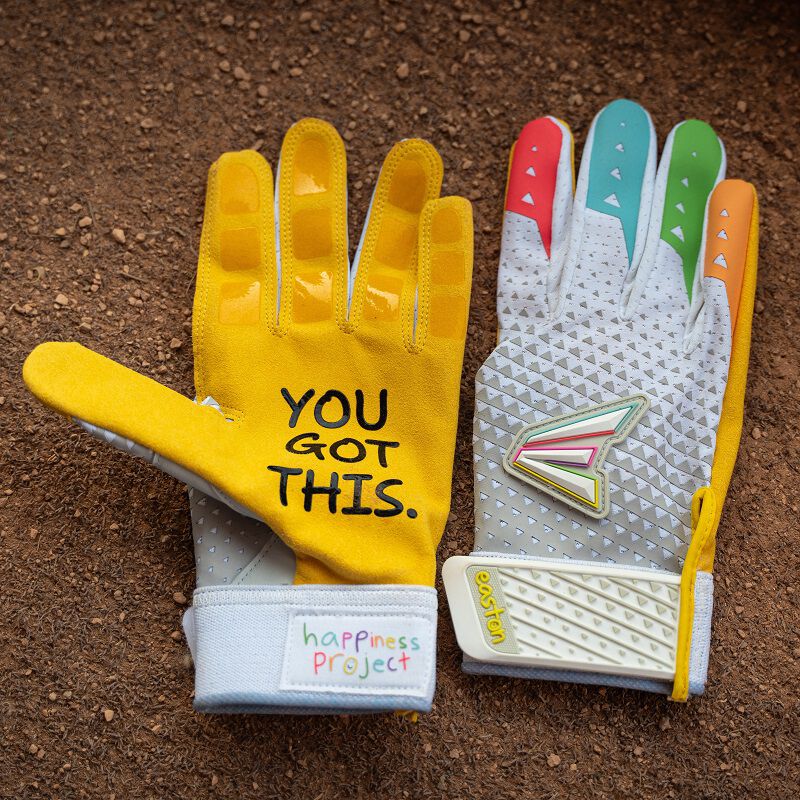 Picture of a pair of white Easton x Happiness Project Ghost NX fastpitch batting gloves showing the palm on one and back of the other loading=