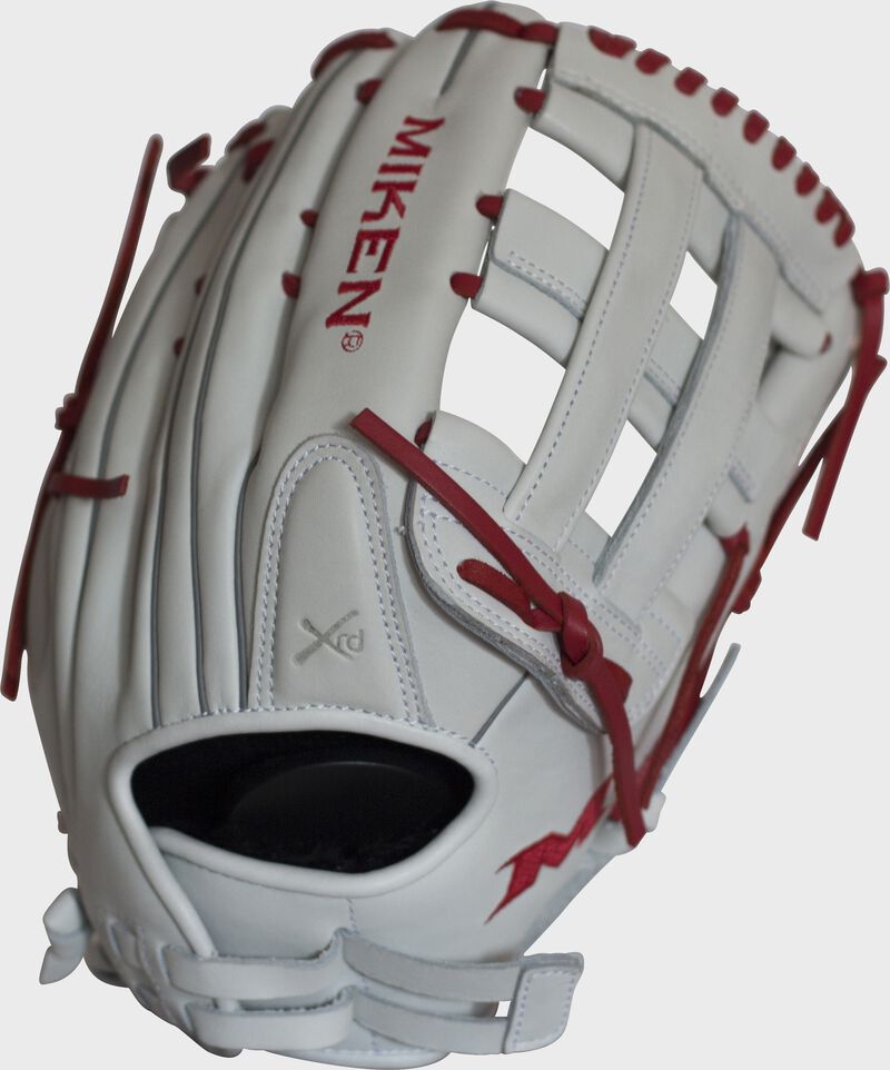 Back of a white Pro Series 13.5 in slowpitch glove with a pull strap back and scarlet laces - SKU: PRO135-WS