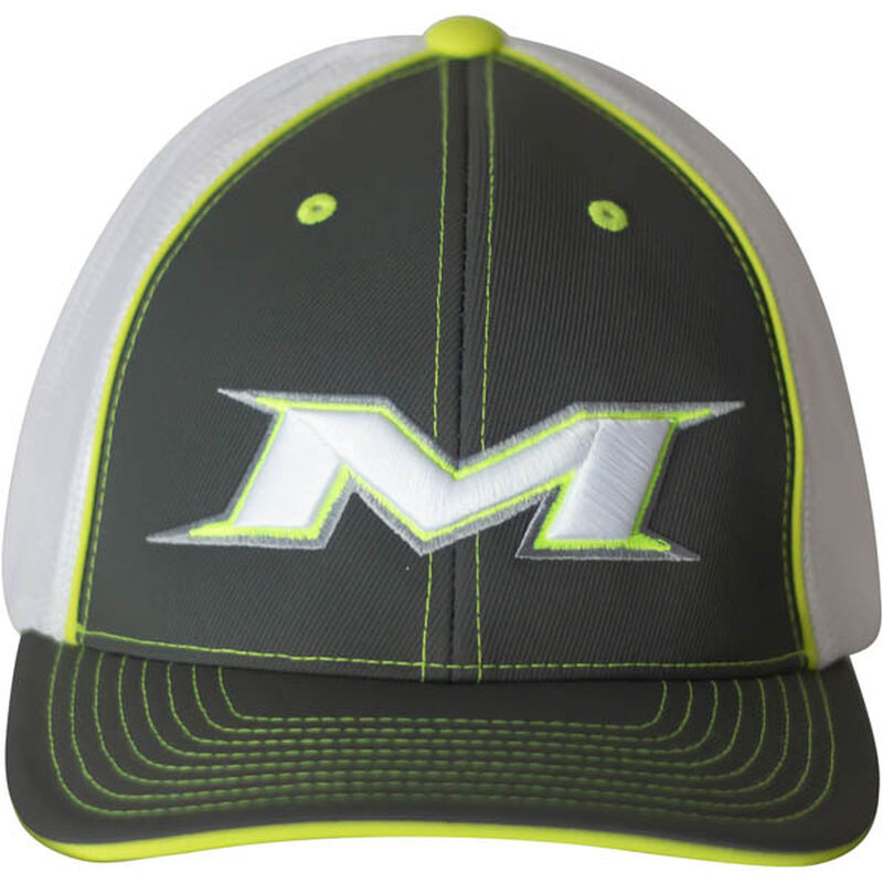 Front of a green Miken adult trucker mesh hat with neon accents and a Miken logo on the front 