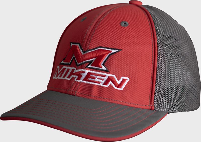 Front angle of a red Miken mesh back hat - SKU: MFFHAT-RS