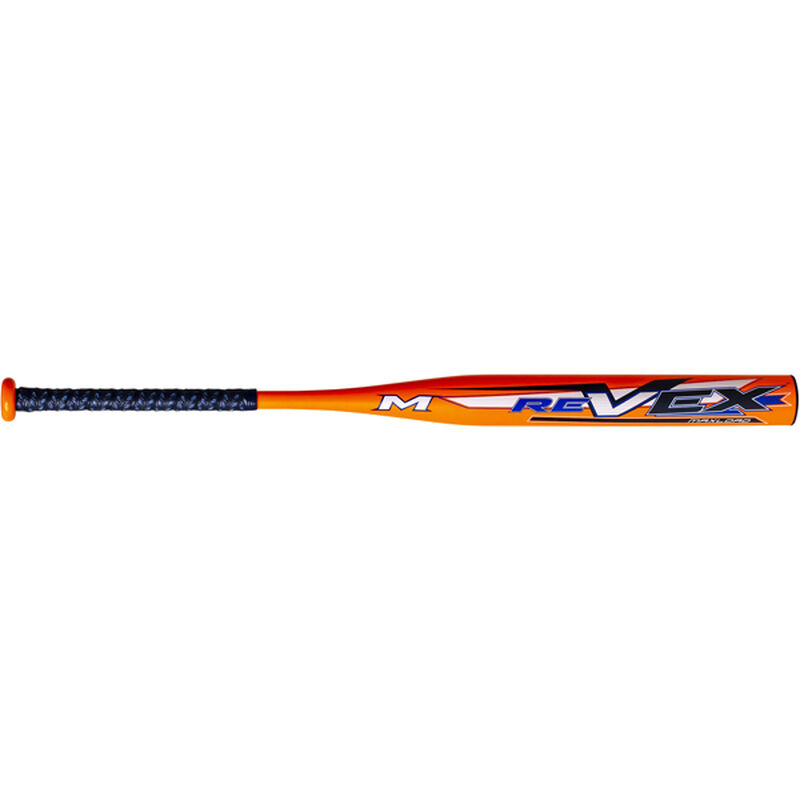A 2020 Rev-Ex Maxload all association bat with an orange barrel and blue grip - SKU: MREV20