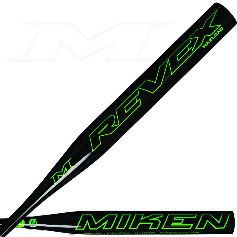 Two views of a black 2021 Rev-EX maxload all association bat with a REVEX logo on one and Miken logo on the other - SKU: MREV21 image number null