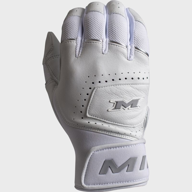 Back of a white Miken Ultra Pro Slowpitch batting glove