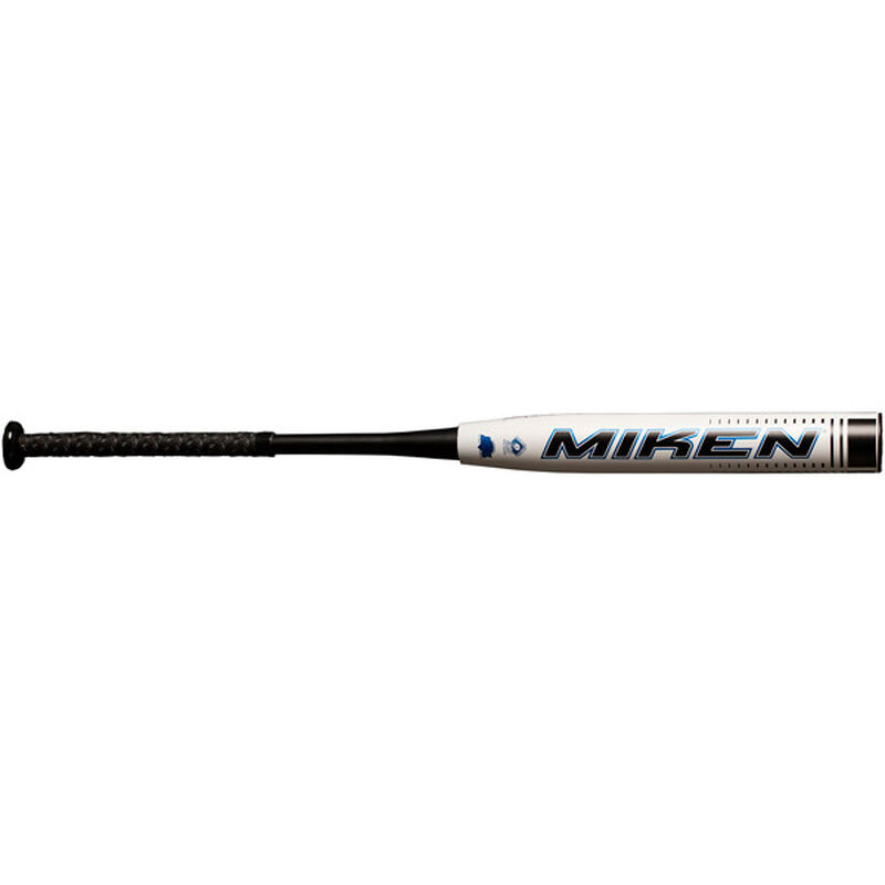 Miken logo on the white barrel of a Johnny Bailey Ultra Fusion slow pitch bat - SKU: MFN2MS loading=