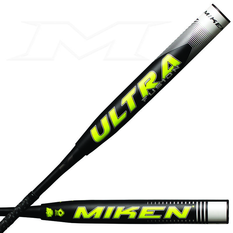 A black 2021 Jason Kendrick Ultra Fusion maxload SSUSA bat with a yellow Ultra logo on the barrel - SKU: MFN4MS loading=