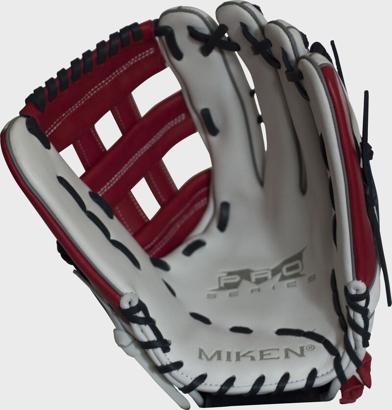 White palm of a Miken Pro Series 13 in slow pitch softball glove with navy laces - SKU: PRO130-WSN loading=