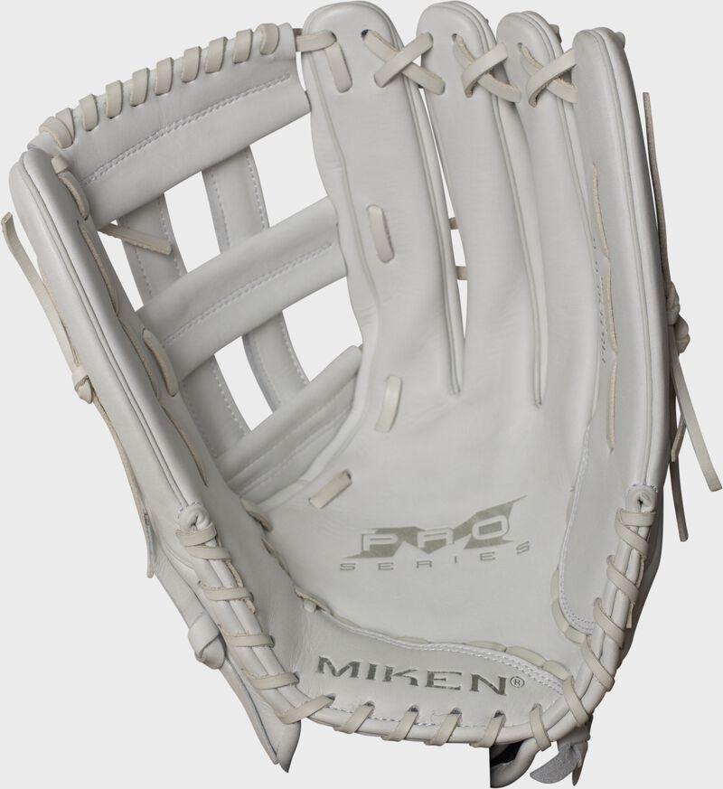 White palm of a Miken Pro Series slowpitch softball glove with white laces - SKU: PRO140-WW