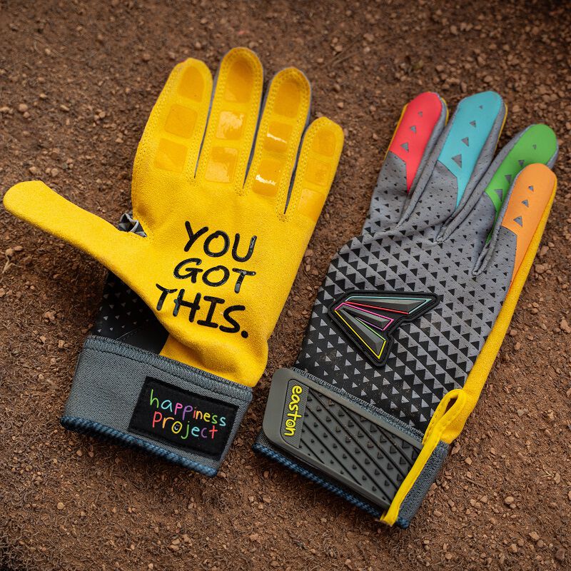 Picture of a pair of black Easton x Happiness Project Ghost NX fastpitch batting gloves showing the palm on one and back of the other loading=