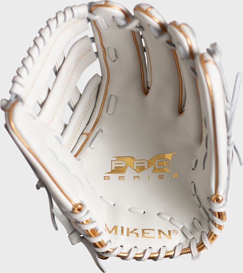 Palm of a white Miken Pro Series Freak Gold glove with gold stamping - SKU: PRO140-WG loading=