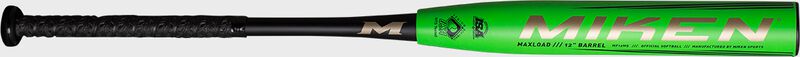 Miken logo on the barrel of a green Johnny Bailey Ultra Fusion senior bat - SKU: MF12MS