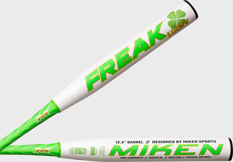 2 views showing both sides of the white barrel of a Limited Edition Freak Lucky USSSA bat - SKU: MSU3FLKL loading=