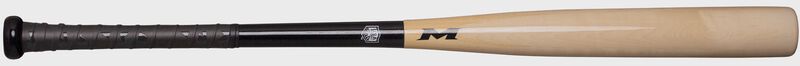 Back side of the barrel of a natural/black Miken wood bat - SKU: MWDSB1