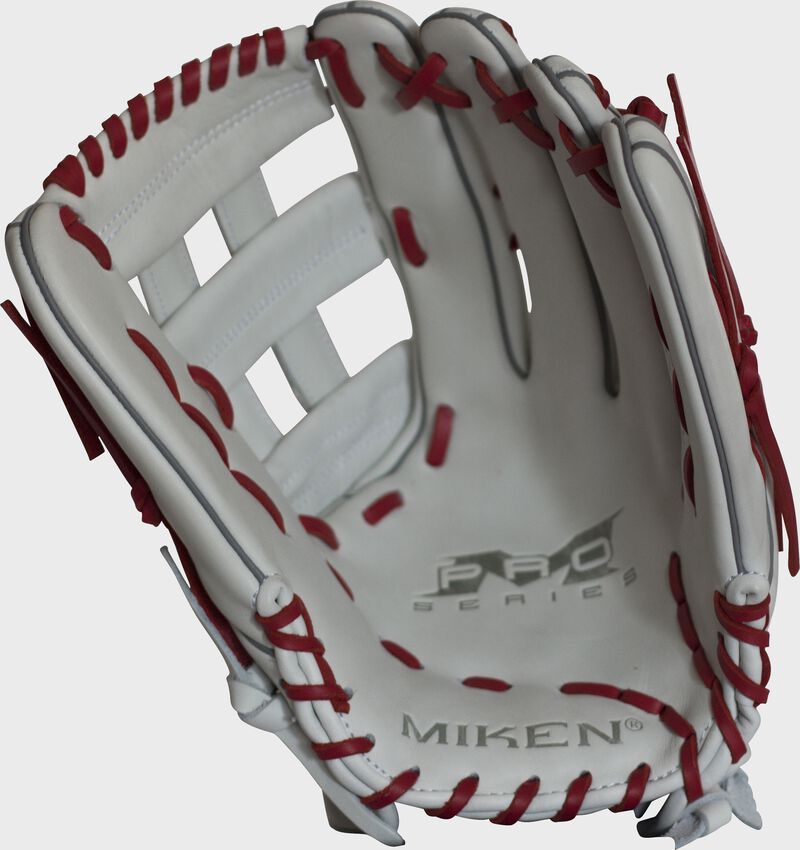 White palm of a Miken Pro Series slowpitch softball glove with scarlet laces - SKU: PRO135-WS loading=