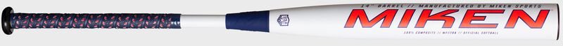 Miken logo on the barrel of a white Freak Primo balanced slow pitch bat - SKU: MP22BA loading=