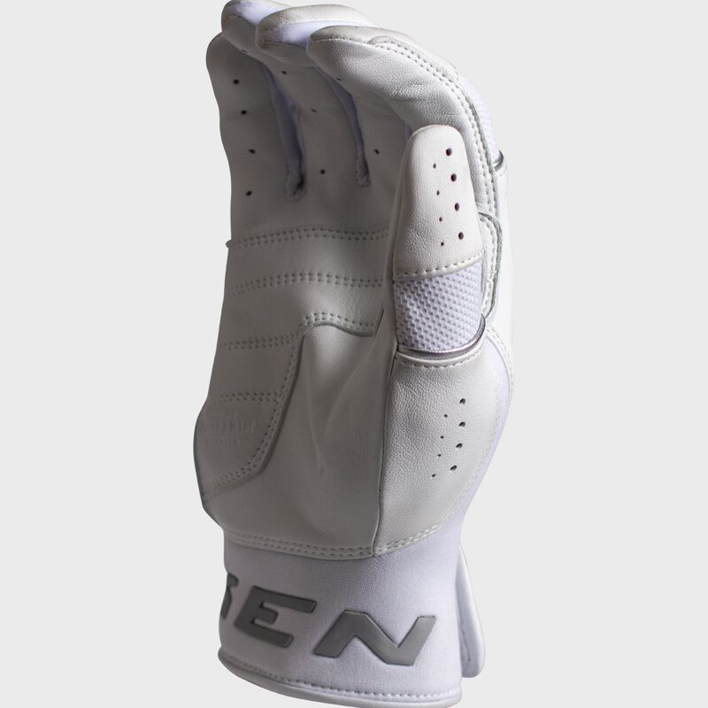 Palm and thumb of a white Miken Ultra Pro Slowpitch batting glove