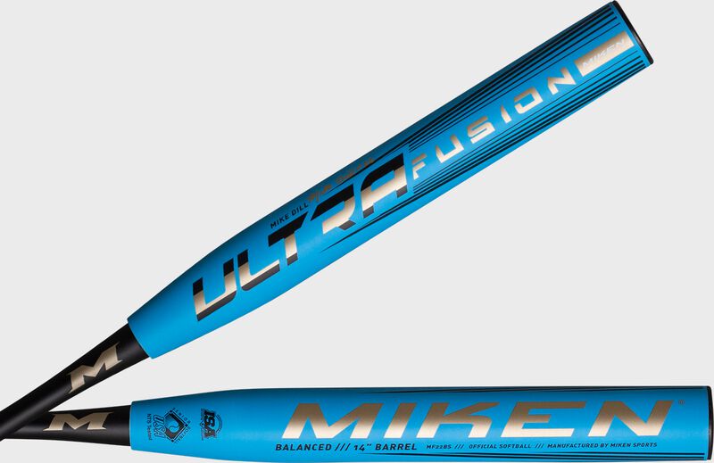 2 views showing both sides of the barrel of a blue 2022 Mike Dill Ultra Fusion balanced SSUSA senior bat - SKU: MF22BS