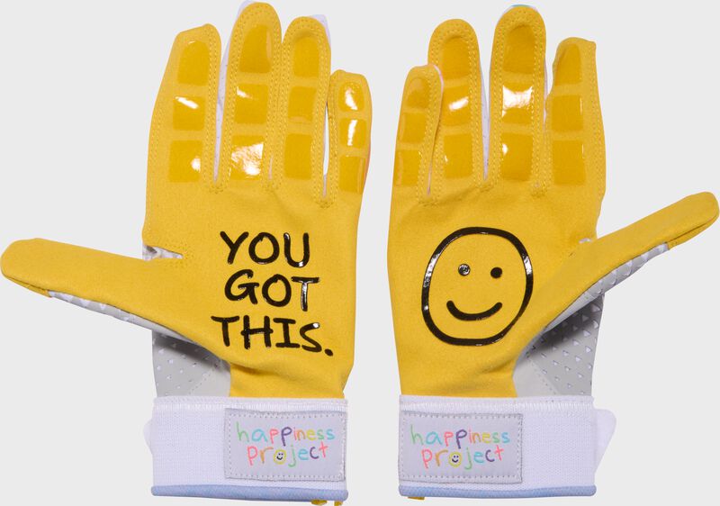 Yellow palms of a pair of white Easton x Happiness Project Ghost NX fastpitch batting gloves