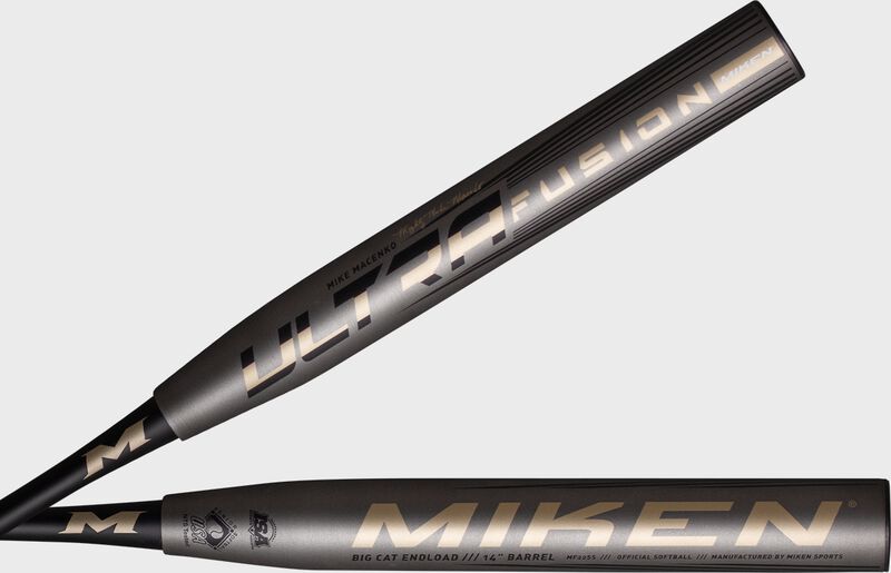 2 views of both sides of the barrel of a 2022 Mike Macenko Ultra Fusion big cat senior bat - SKU: MF22SS