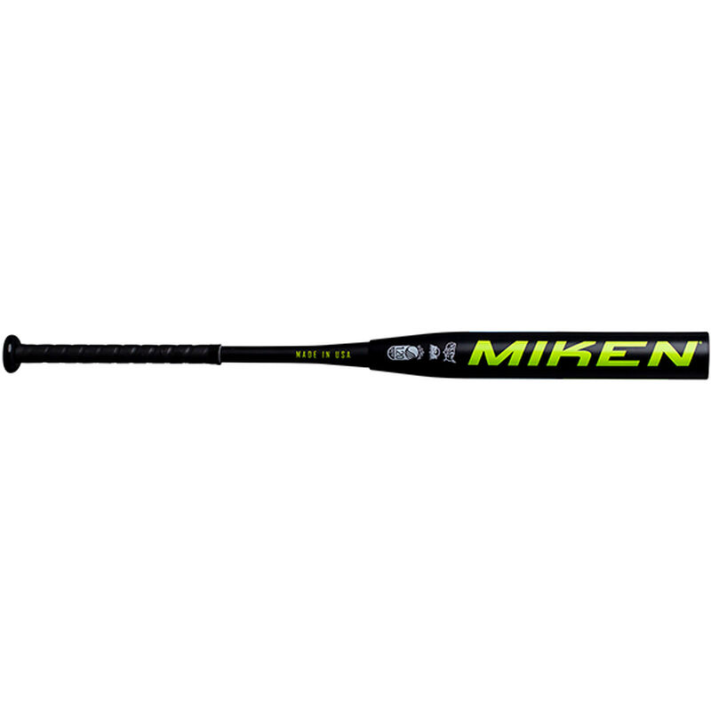 A lime green Miken logo on the black barrel of a MKP20U Kyle Pearson signature Freak 23 slow pitch bat