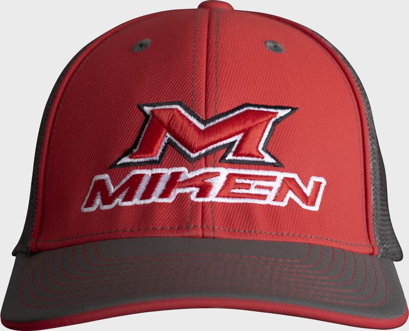 Front of a red Miken FlexFit mesh back hat with a red Miken logo - SKU: MFFHAT-RS
