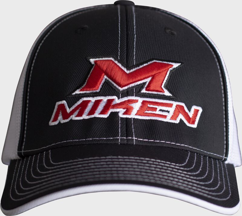 Front of a black/white Miken FlexFit mesh back hat with a red Miken logo - SKU: MFFHAT-BW