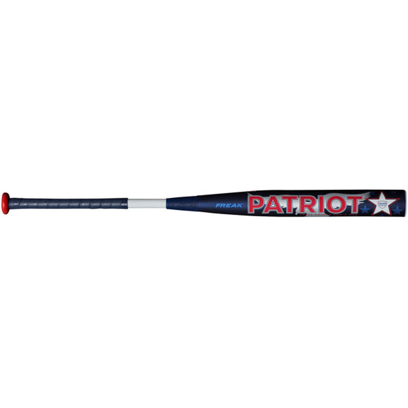 A 2016 Freak Patriot Maxload ASA blem bat with a blue barrel and white handle - SKU: FPATMAB