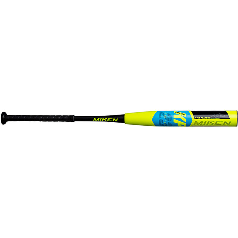A MKP20A Kyle Pearson Freak 23 Maxload ASA bat with a yellow barrel and blue/black decals