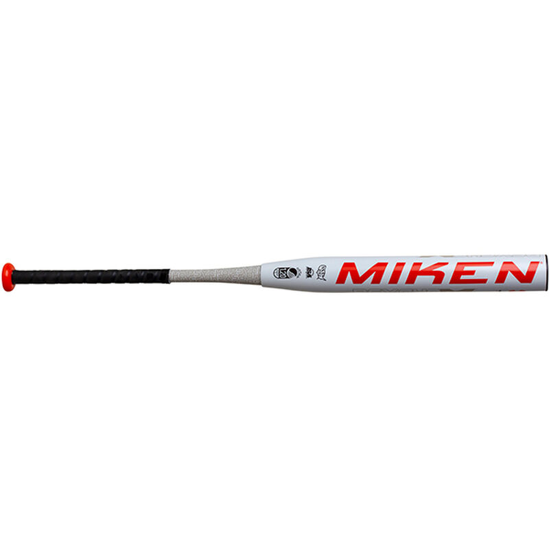 Miken logo on a white barrel of a MCB20U Cory Briggs signature model Psycho slow pitch bat