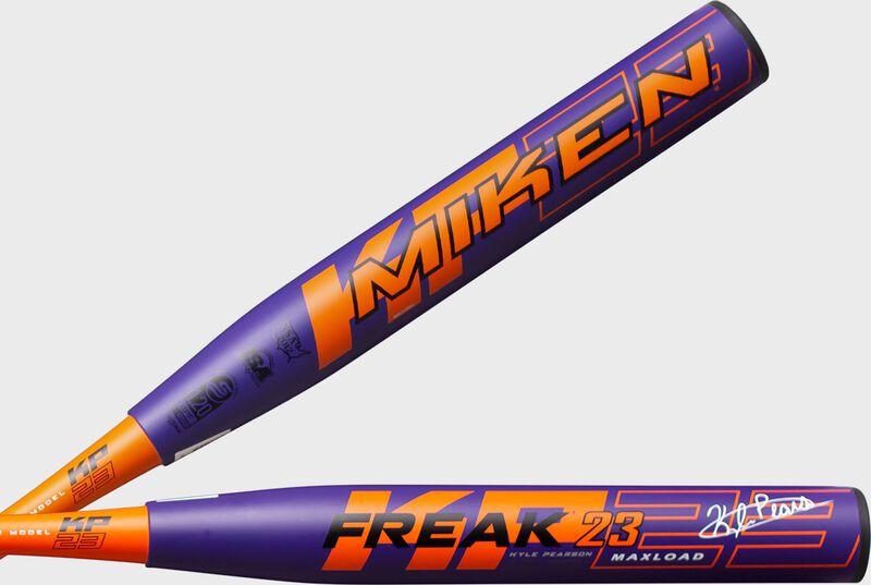 2 views of a purple/orange 2022 limited edition Freak KP23 maxload 12.75 in barrel usssa bat - SKU: MKPDUP loading=