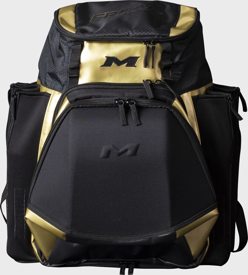 A black/gold Miken XL softball backpack - SKU: MKMK7X-XL-GLD