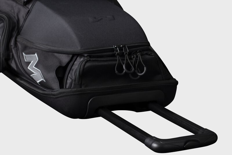A black Miken Pro wheeled bag with the telescoping pull handle extended out - SKU: MKMK7X-PRO