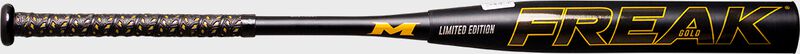 A black/gold 2022 Miken Freak Gold USSSA slowpitch softball bat - SKU: MGD21U image number null