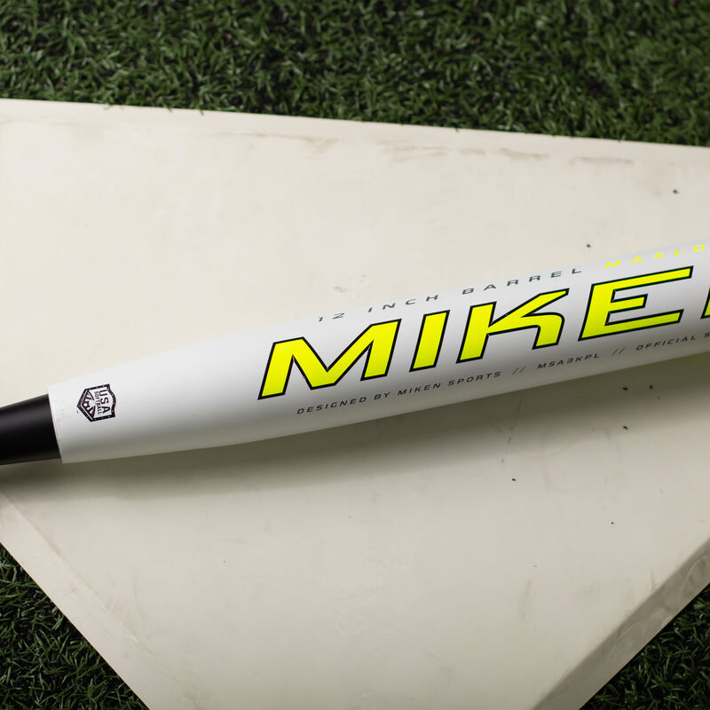 Miken logo on a white Kyle Pearson USA bat sitting on home plate - SKU: MSA3KPL