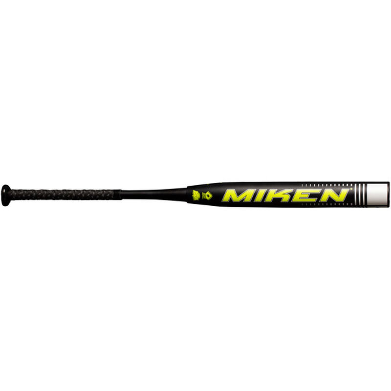 A yellow Miken logo on the black barrel of a Jason Kendrick Ultra Fusion slow pitch bat - SKU: MFN4MS loading=