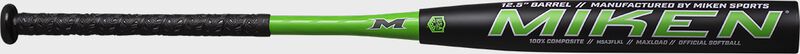 Green Miken logo on the black barrel of a Freak Lucky USA bat - SKU: MSA3FLKL loading=