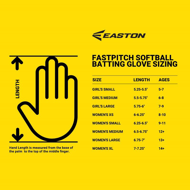 An Easton fastpitch gloves sizing chart graphic showing a hand with measurements and recommended sizes loading=