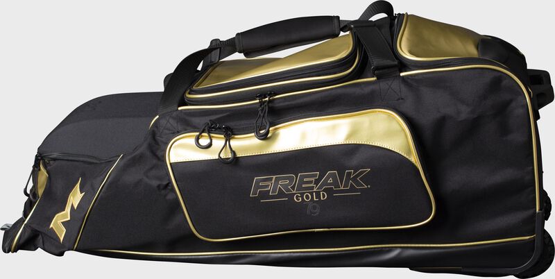 A black/gold Miken Championship wheeled bag - SKU: MKMK7X-CH-GLD loading=