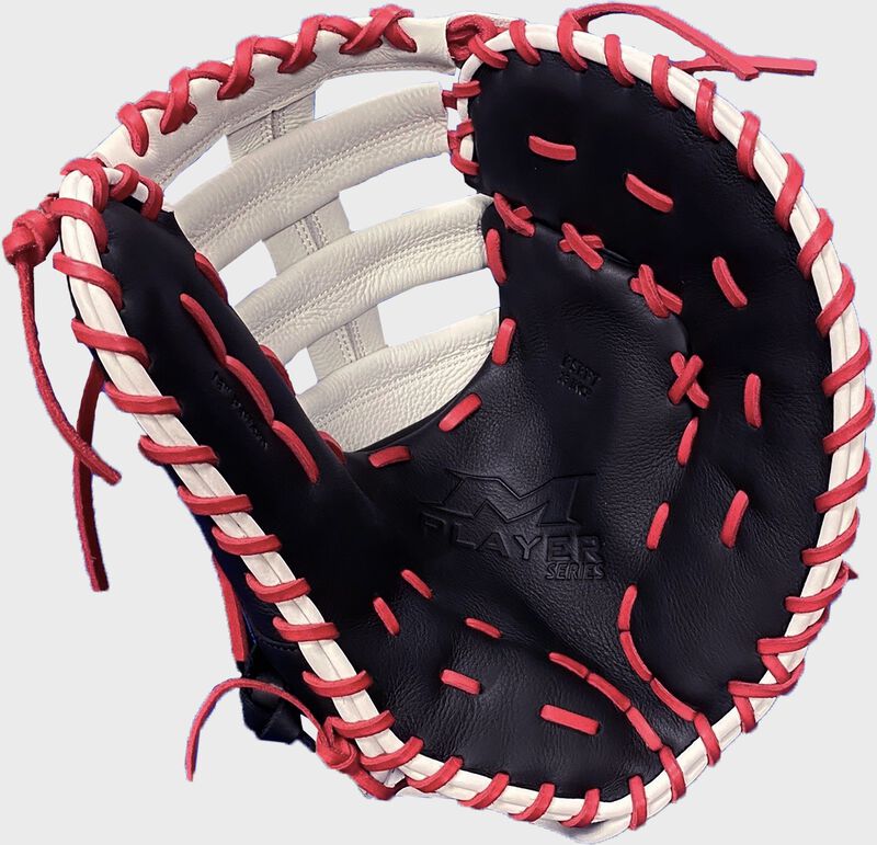 Black palm of a Miken Player Series 1st base mitt with scarlet laces - SKU: PSBFT-SP